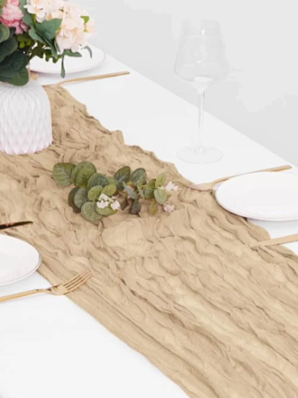 set of eight beige cheesecloth table runners 20x120 inch